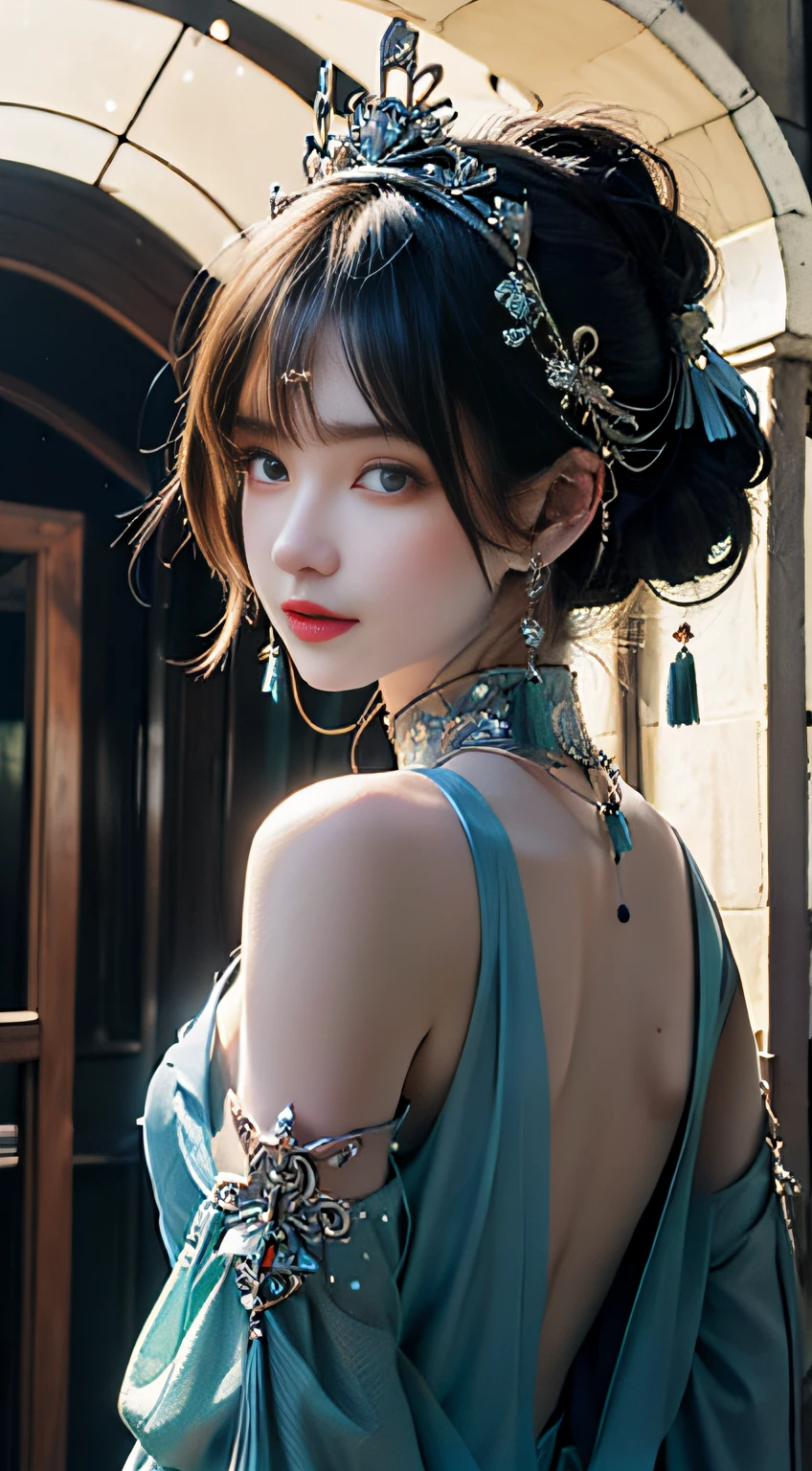 (pureerosface_v1: 0.5), (ulzzang-6500: 0.5), masterpiece, best quality, high resolution, super detailed, (original photo, best quality), (realistic, realistic: 1.2), highly detailed, solo, 1girl, blue eyes, white skin, black hair, looking at viewer, (bare shoulders: 1.5), blue wooden door, red maple forest, (silver and teal clothes: 1.5), (detailed beautiful face, detailed skin textures, super detailed body: 1.1), lots of decorations on clothes, intricate headgear, (crown:1.2), (lots of feather decorations on the head: 1.5),(backlight:1.2), (Refined face: 1.5),