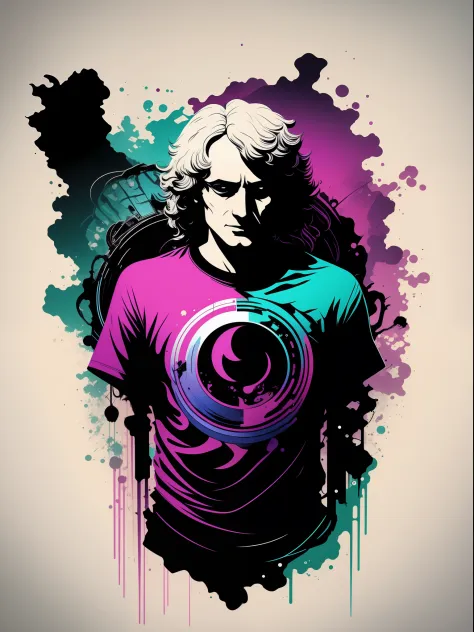isaac newton, 2D t-shirt art, Cyberpunk, epic illustration, vector, 2d illustration, black background, very colorful, full gradi...