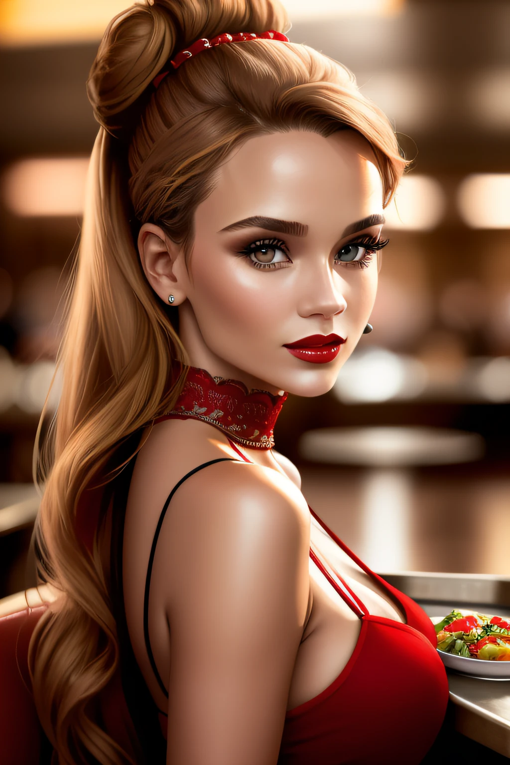 portrait photo of JoSkriver beautiful woman hair , double bun,  serving food at a diner, full red lips, (masterpiece) (best quality) (detailed) (8k) (HDR) (wallpaper) (cinematic lighting) (sharp focus) (intricate)