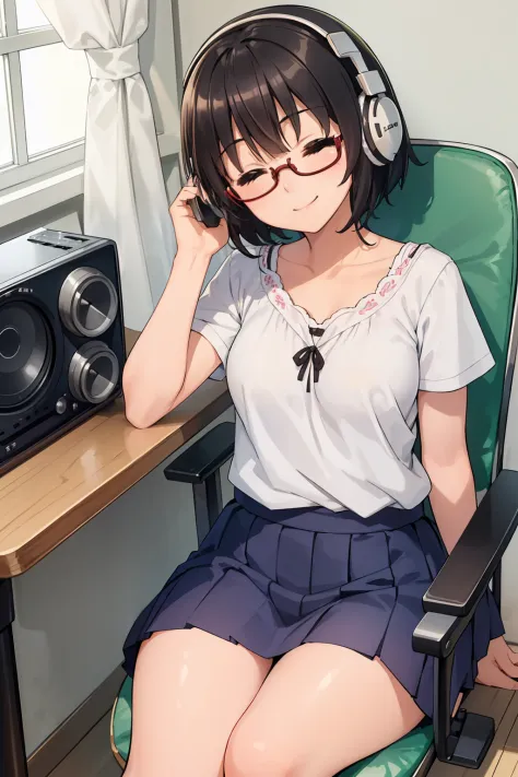 (1 Junior High School Girl、A dark-haired、short-hair、straight haired、hair adornments、eye closed、A smile、Black glasses、small tits、...