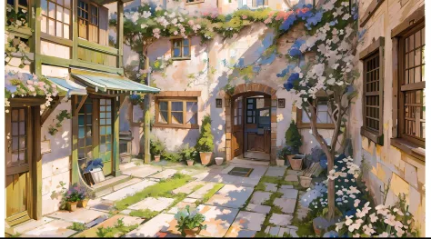 painting of a courtyard with a table and chairs and a bench, anime background art, relaxing concept art, anime scenery concept art, immensely detailed scene, a beautiful artwork illustration, detailed scenery —width 672, studio ghibli environment, highly d...