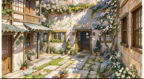 painting of a courtyard with a table and chairs and a bench, anime background art, relaxing concept art, anime scenery concept art, immensely detailed scene, a beautiful artwork illustration, detailed scenery —width 672, studio ghibli environment, highly d...