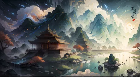 chinese wind mountains, river, auspicious clouds, pavilions, sunlight, masterpiece, super detail, epic composition, ultra hd, high quality, extremely detailed, official art, unified 8k wallpaper, super detail, 32k