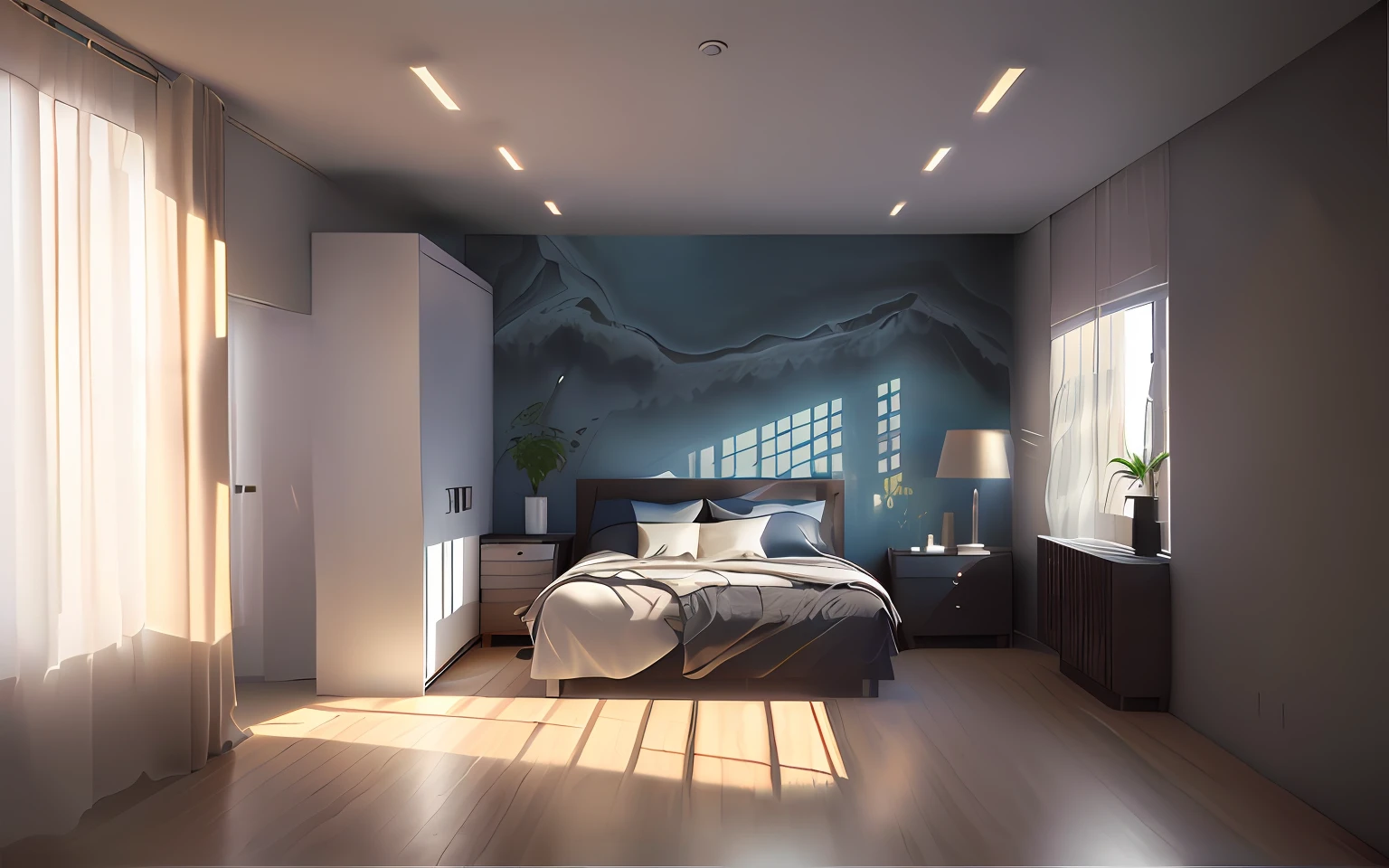 Ultra photo realsisim， tmasterpiece， best qualtiy， ultra - detailed， 超高分辨率， RAW photogr， 8K， Light grey modern bedroom，（Fabric bed），（Fabric Pilo），Brown and white，Charming lighting style，Light gold and light black，Li Shuxing，A fusion of tradition and modernity，Soft atmospheric light，Hard-edged lines，Stone opaque resin panel，wooden floor，窗帘， tmasterpiece，Ultra photo realsisim，32k，the Extremely Detailed CG Unity 8K Wallpapers，best qualtiy