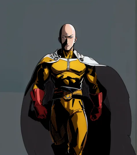 un primer plano de una persona con un traje amarillo con una capa, retrato de saitama, saitama, guapo, un punch man, high detail...