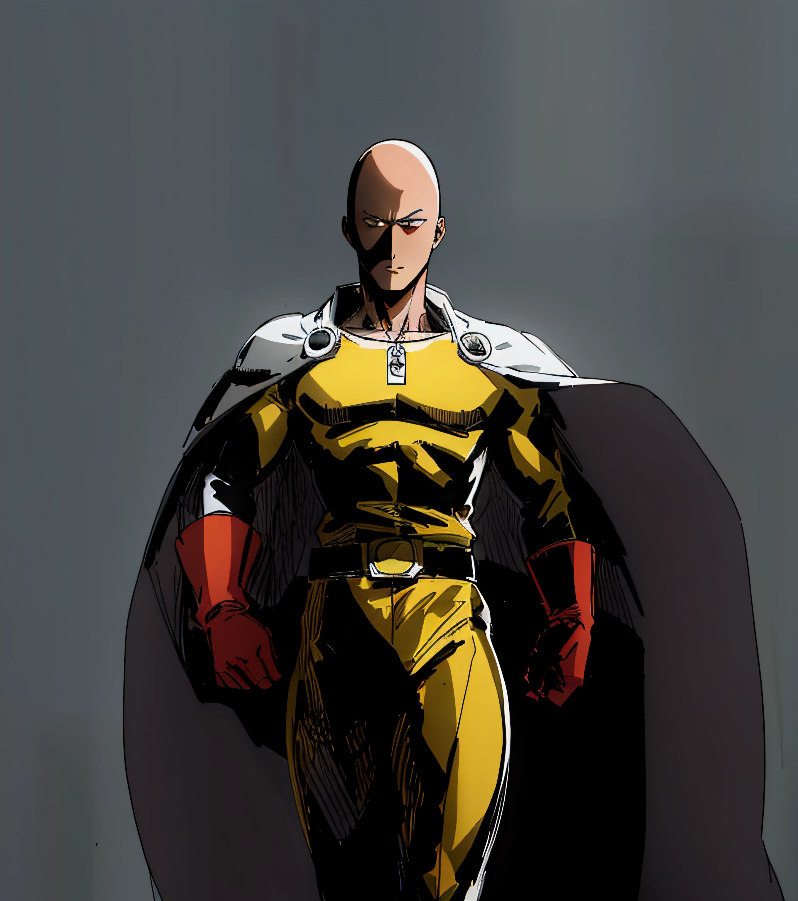 Um close-up de uma pessoa vestindo um traje amarelo com uma capa, Retrato de Saitama, Saitama, bonito, Um homem socador, personagem icônico de alto detalhe, Super-herói careca de meia-idade, Esboço colorido de alta qualidade, capa branca