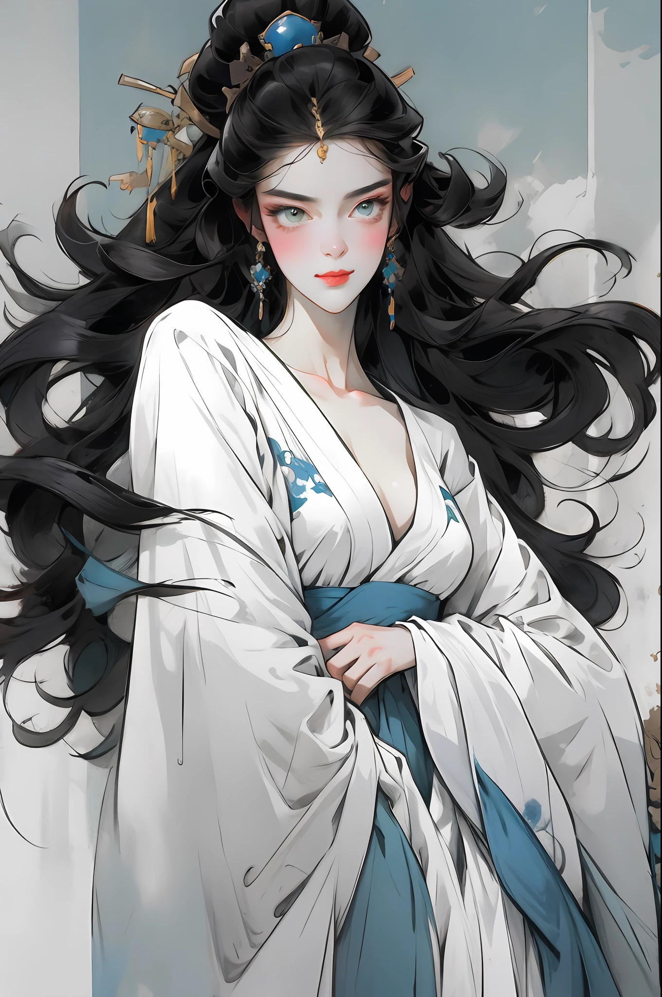 （Beautiful girl dressed in white），Full body standing painting，Wide sleeves，watery big eyes，Beautiful face and smooth fair skin，s delicate face，cabelos preto e longos，An ancient Chinese beauty，wearing ancient Chinese costume，gossamer，Colorful，Vivid and bright colors，Vibrant digital illustration，（clean backdrop），Ink painting style，Clean colors，Decisive cut，A white space，tmasterpiece， Ultra-delicate，Epic composition，high high quality，HighestQuali，4K