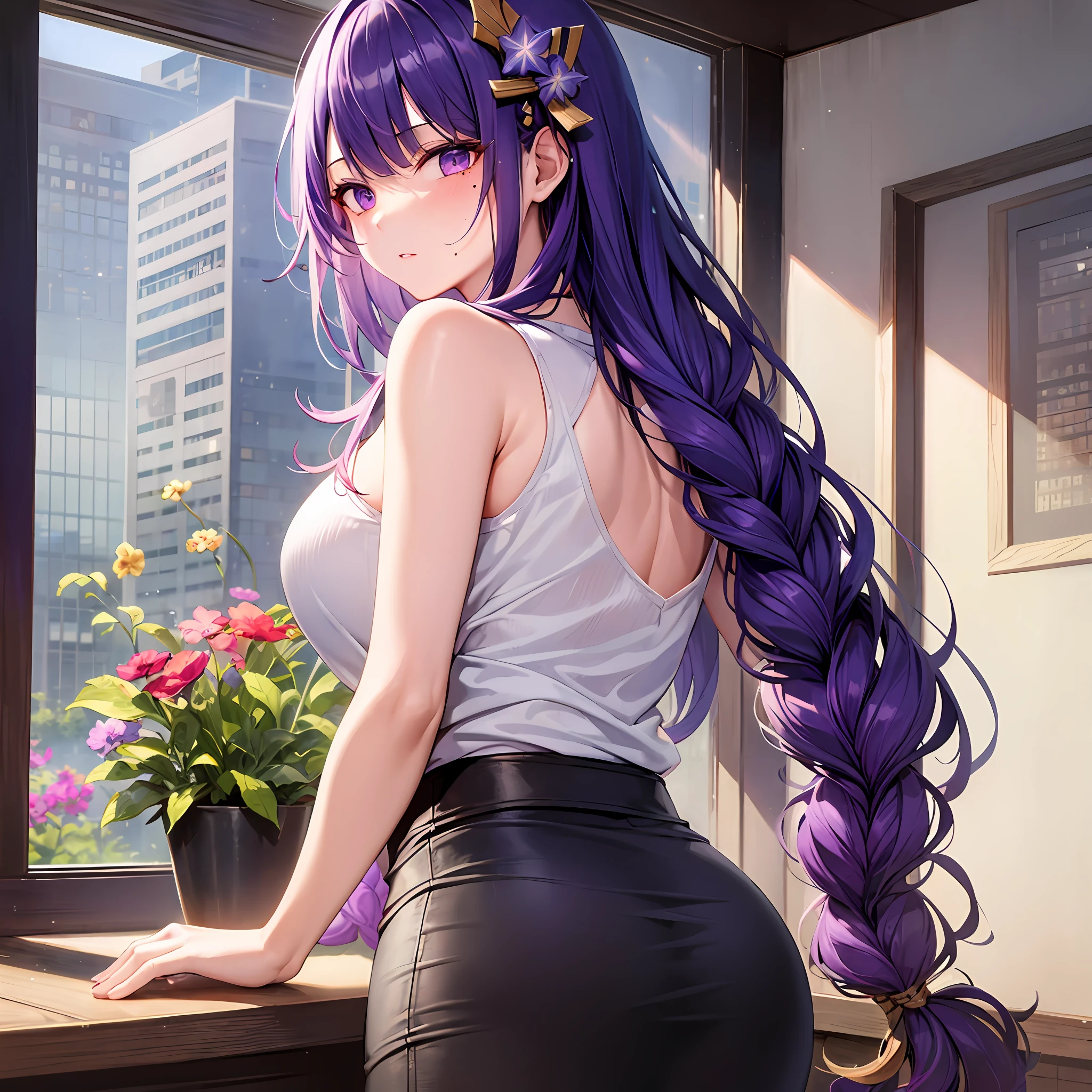 masterpiece, ultra-detailed hair, better lights, better shadows, shogun raiden,1girl, raiden shogun, breasts, skirt, purple hair, solo, long hair, large breasts, purple eyes, braid, ass, looking at viewer, braided ponytail, hair ornament, sleeveless, hair flower, black skirt, shirt, indoors, flower, looking back, bangs, bare shoulders, pencil skirt, from behind, window, thighs, mole under eye, sleeveless shirt, mole, white shirt, blush, bare arms, office lady, very long hair, plant, contemporary, parted lips, miniskirt, single braid, closed mouth, purple flower, pantylines, ribbed shirt,