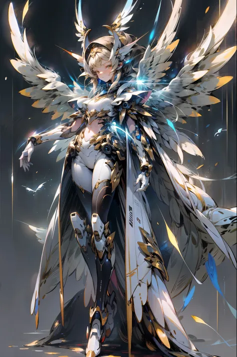 (Masterpiece:1.2, Best quality), 1 female mecha angel、Full body standing painting，Detailed and beautiful face，Blue wings grow on...
