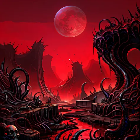 "A mad evil landscape。Tentacles rise from the abyss，Polluted rivers，A graveyard of horrors，Blood-red moon，Hyper-realistic engine，UHD sketch color painting。"