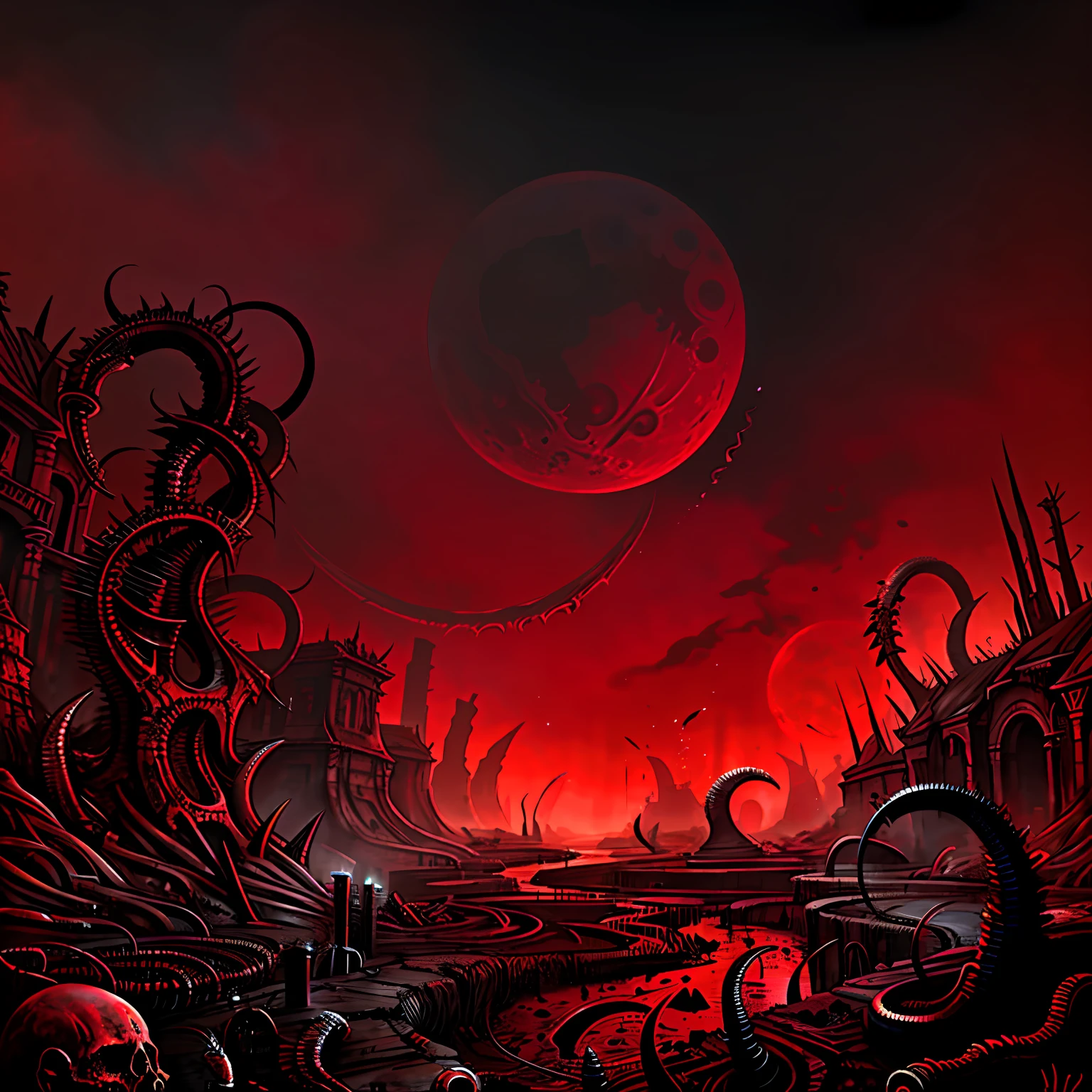 "A mad evil landscape。Tentacles rise from the abyss，Polluted rivers，A graveyard of horrors，Blood-red moon，Hyper-realistic engine，UHD sketch color painting。"