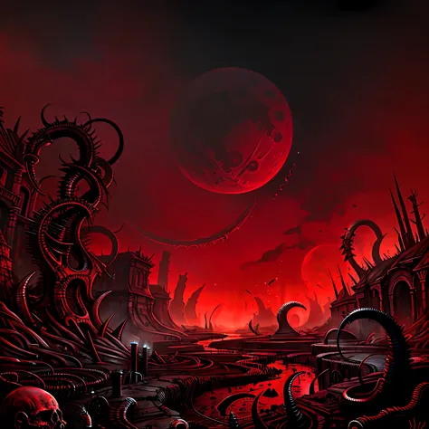 "A mad evil landscape。Tentacles rise from the abyss，Polluted rivers，A graveyard of horrors，Blood-red moon，Hyper-realistic engine，UHD sketch color painting。"