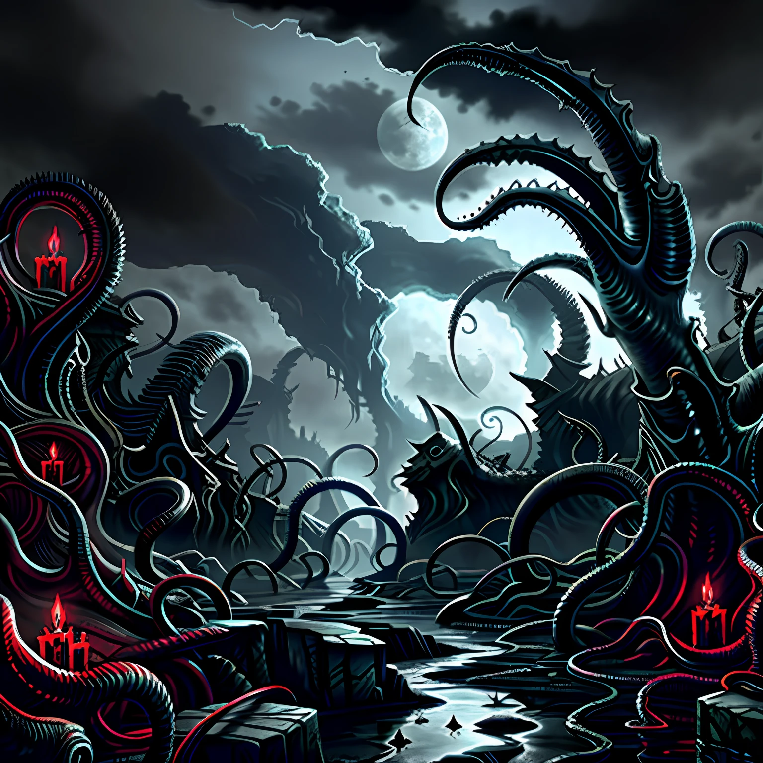 Madness evil landscape. Tentacles rising from the abyss, polluted river, macabre cemetery, bloody moon, unreal engine, UHD sketch color drawing