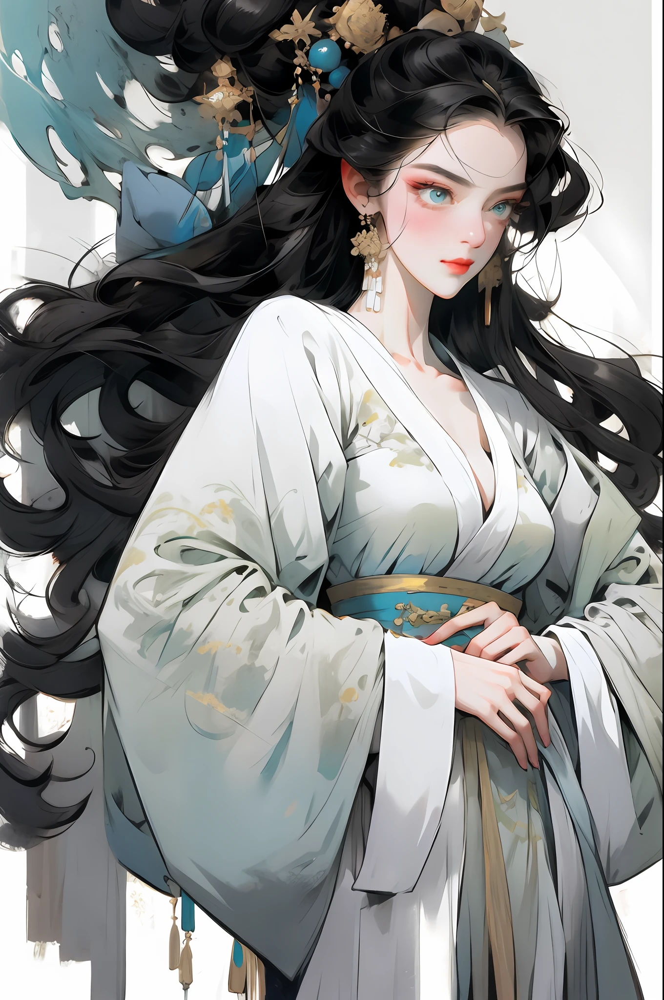 （Beautiful girl dressed in white），Full body standing painting，Wide sleeves，watery big eyes，Beautiful face and smooth fair skin，s delicate face，cabelos preto e longos，An ancient Chinese beauty，wearing ancient Chinese costume，gossamer，Colorful，Vivid and bright colors，Vibrant digital illustration，（clean backdrop），Ink painting style，Clean colors，Decisive cut，A white space，tmasterpiece， Ultra-delicate，Epic composition，high high quality，HighestQuali，4K