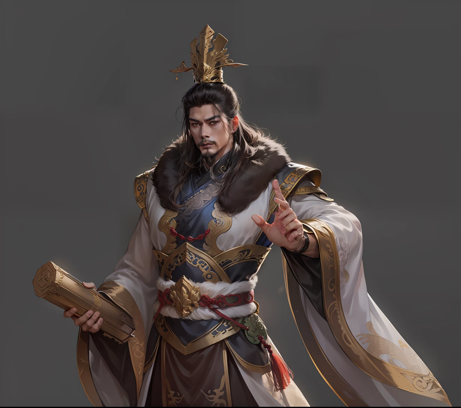 1boy,(8K,Best Picture Quality,tmasterpiece:1.4),final fantasy,The highlight hits the face，Mature man, Chinese style, ancient Chinese long hair, black eyes, split ends, long hair, long bangs, handsome, masculine, serious, gentle, tall, calm, calm and black gold blend，Gold texture，loong pattern，Highly detailed face，General of the Great Qin Empire，Wearing an imperial crown on his head，Dressed in a golden military uniform，Handheld a scroll，Angry eyes，sbeard，Deterrence in all directions，Extremely detailed，Colorful，highestdetailed，offcial art，统一 8K 壁纸，ultra - detailed，Handsome，big breasts beautiful，tmasterpiece，best qualtiy，（zentangle，datura，Tangles，entangled），holy rays，gold foil，Gold leaf art，glitter drawing，PerfectNwsjMajic