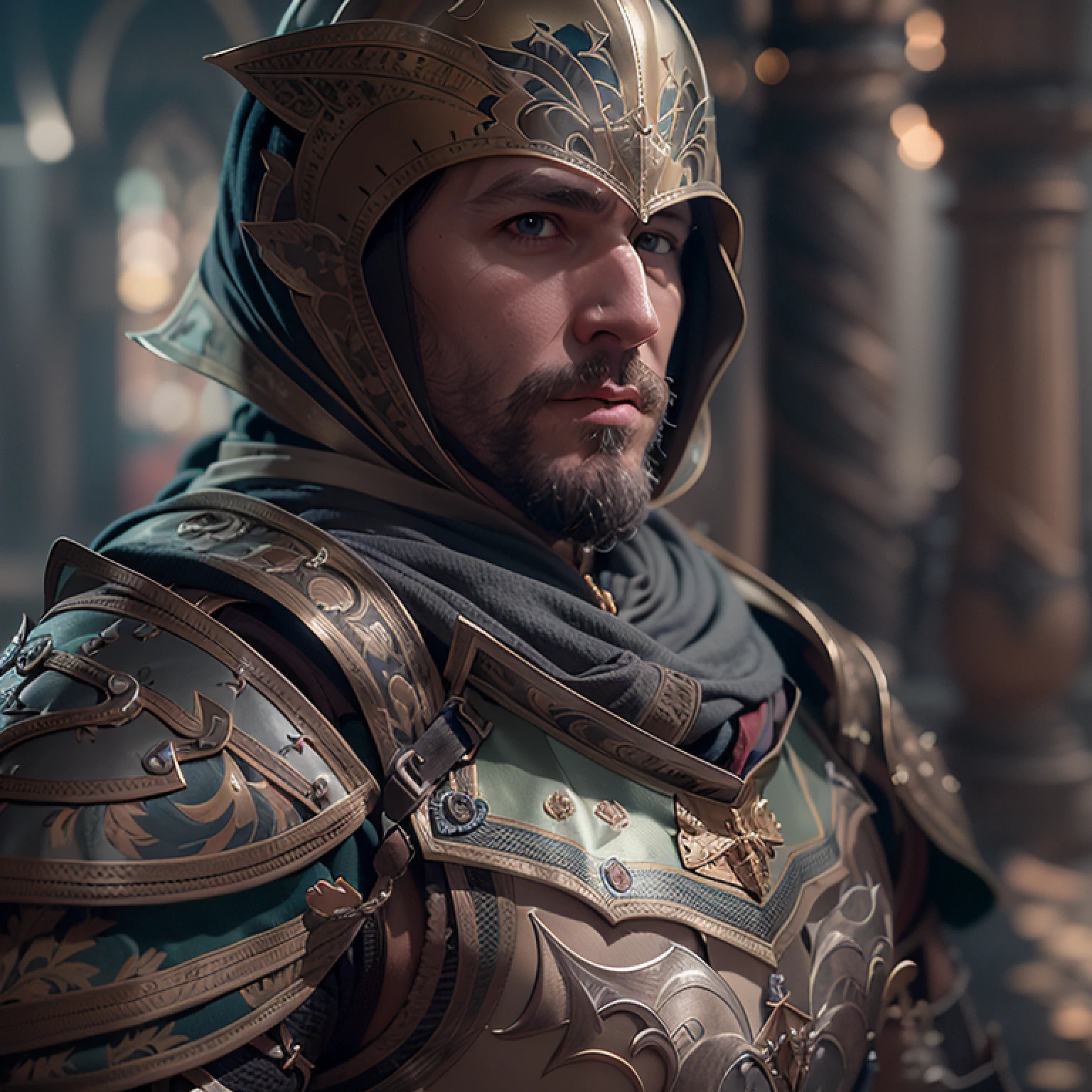 There is a man in a knightly costume, Super detailed game art with full body image, Amazing 8K character concept art,Cinematic rendering character art 8 K, unreal engine character art, cgsociety 8k, cgsociety 8 k, cgsociety 8k, Unreal 5. RPG portrait, cgsociety portrait, hyper-detailed fantasy character, armored warrior, move chart, Atmospheric perspective, hasselblatt, shadowing, Cinematic lighting, in a panoramic view, Masterpiece, ccurate, Textured skin, A high resolution,Textured skin