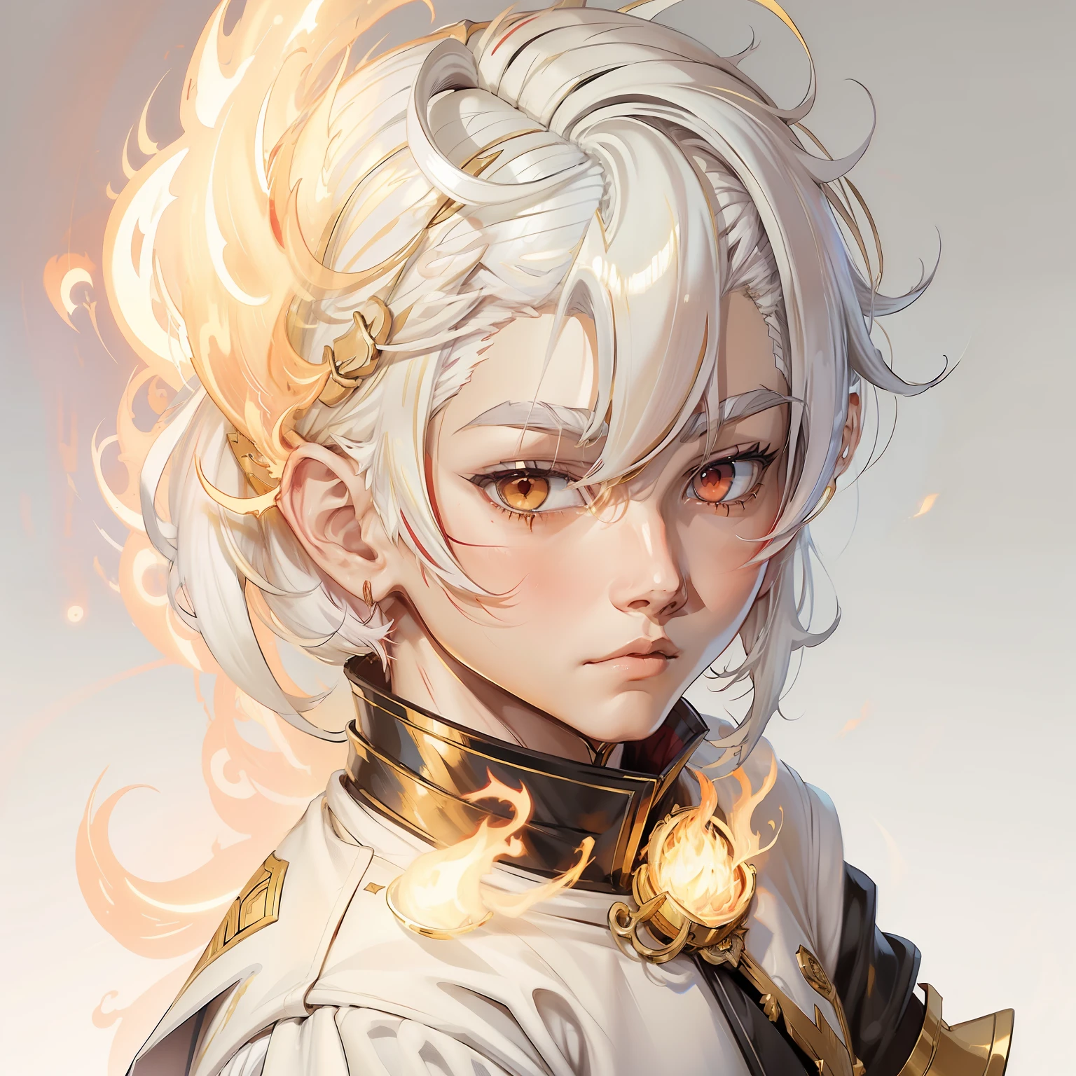 anime boy , swhite hair , gold eeys , red flames