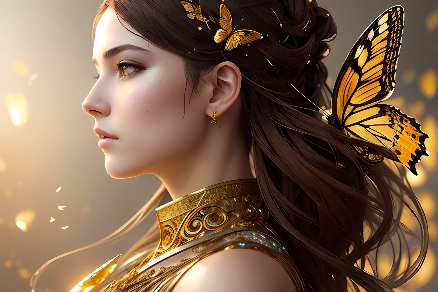 8k portrait of beautiful cyborg with brown hair, intricate, elegant, highly detailed, majestic, digital photography, art by artgerm and ruan jia and greg rutkowski surreal painting gold butterfly filigree, broken glass, (masterpiece, sidelighting, finely detailed beautiful eyes: 1.2), hdr,