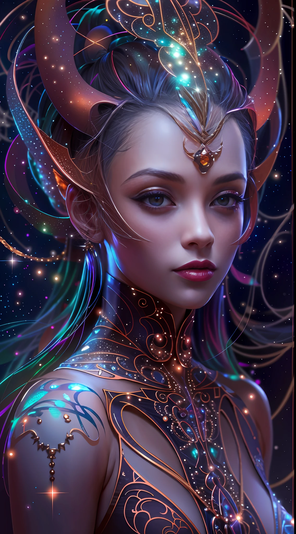 breathtaking masterpiece, best qualityer, highest quallity, highly detailed, exquisite, award-winning 8K digital painting of an ethereal alien and (incredibly beautiful feminine:1.4) with luminescent body parts that glow like stardust,  アニメ, vampyre, with red hair, redgown, blue colored eyes, Ablaze, darkness background, flowerpunk, samuraipunk, iridescente, bio-luminescent, tattoopunk, Hyper - Detailed Vibrant Cinematic Raking Light, stunning, Subsurface scattering, environment occlusion, chromatic aberration, 8K (The galaxy:1.33), (a cute creature rests on your shoulder:1.8), details Intricate, proportion Aurea, barroque, Voide nergy, Directed by: Louis Royo.