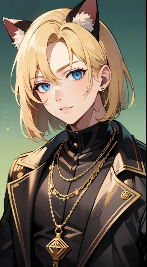 young boy, blonde hair, bob hairstyle, blue eyes, black tight clothes, Gold Chains, Cat's ears, Masterpiece, hiquality
