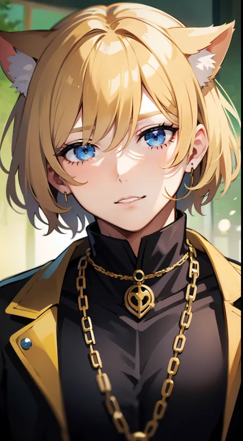 young boy, blonde hair, bob hairstyle, blue eyes, black tight clothes, Gold Chains, Cat's ears, Masterpiece, hiquality