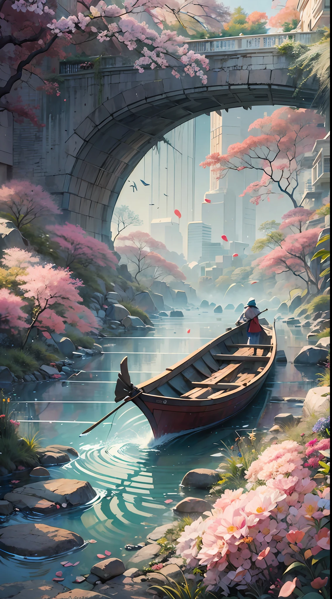 A bridge flies away through a wild mist;

Yet here are the rocks and the fisherman's boat; Oh, if only this river of floating peach-petals;

Might lead me at last to the mythical cave. masterpiece, best quality, ultra-detailed, best shadow，8k，official art