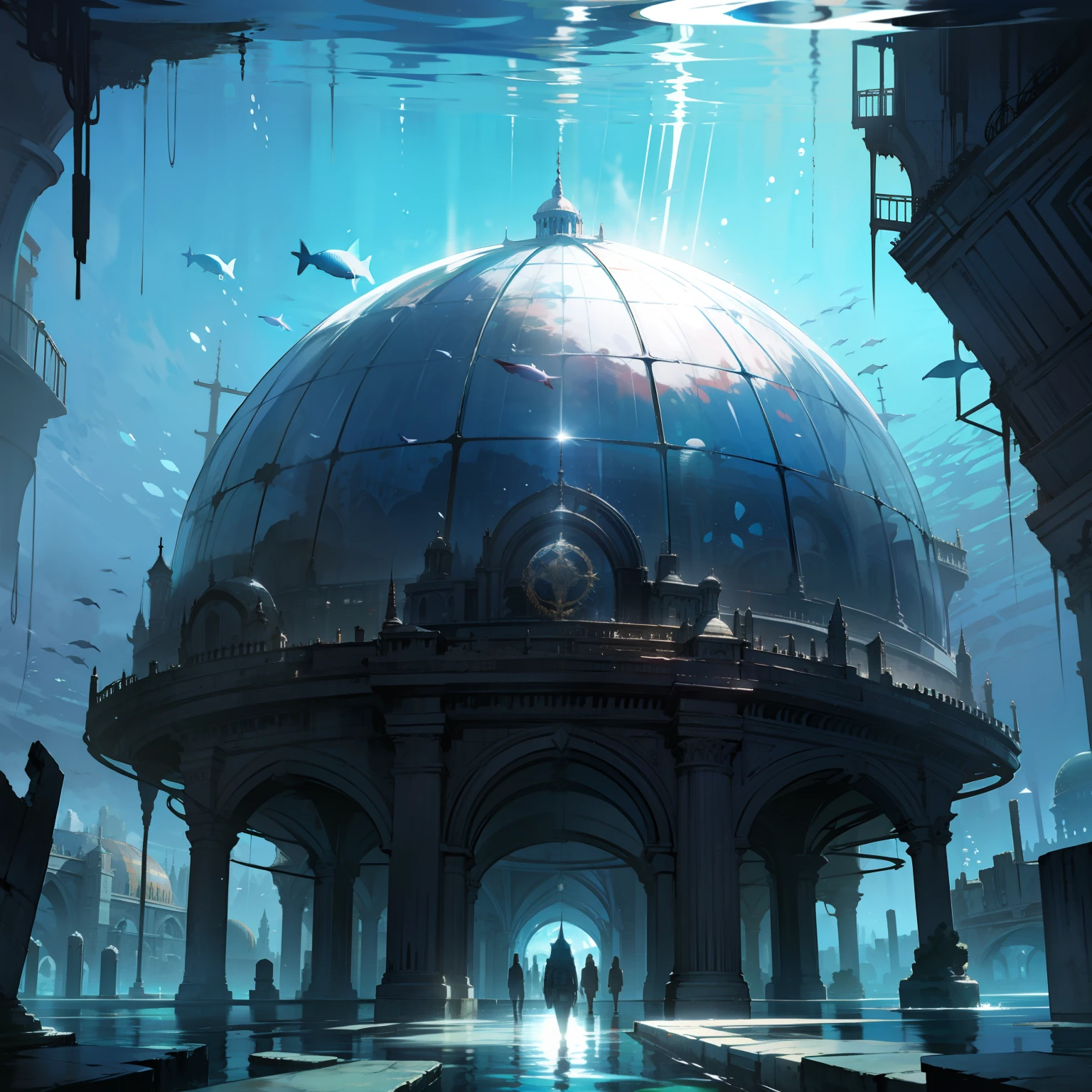 underwater city cover by a dome, dome over underwater city,