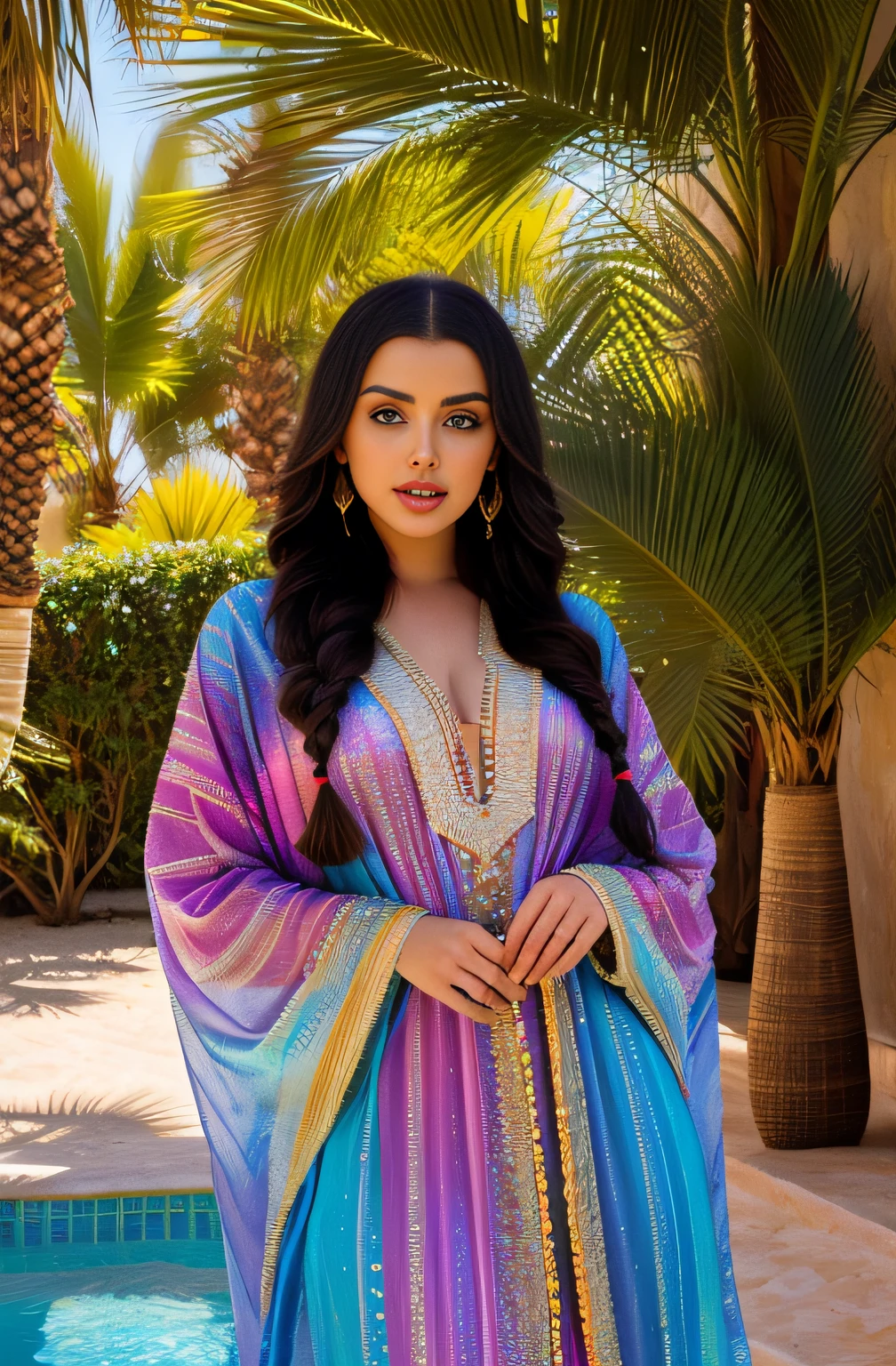 photo of alluring Abigail beautiful woman sparkling splashing rainbows, ((bright eyes)), super long braids, (laying in Moroccan oasis), palms, dunes, oasis, glistening, exotic jewelry, riad, dripping, iridescent, long kaftan abaya (masterpiece) (best quality) (detailed) (8k) (HDR) (wallpaper) (cinematic lighting) (sharp focus) (intricate)