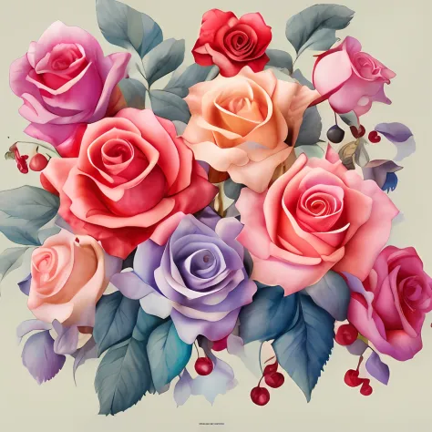Dreamy roses and cherries , soft blue, pale pink, craft paper, charming flowers, intricate watercolor details, ambient occlusion...