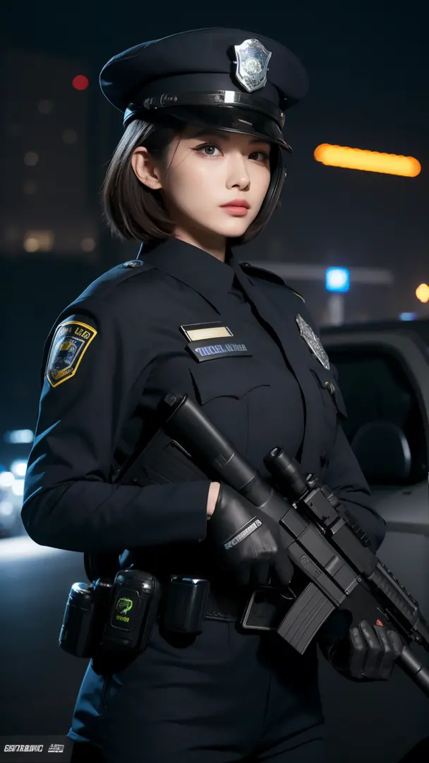 Highest image quality，Outstanding details，超高分辨率，The police of the future，She wears a futuristic SWAT uniform，She stood in front ...