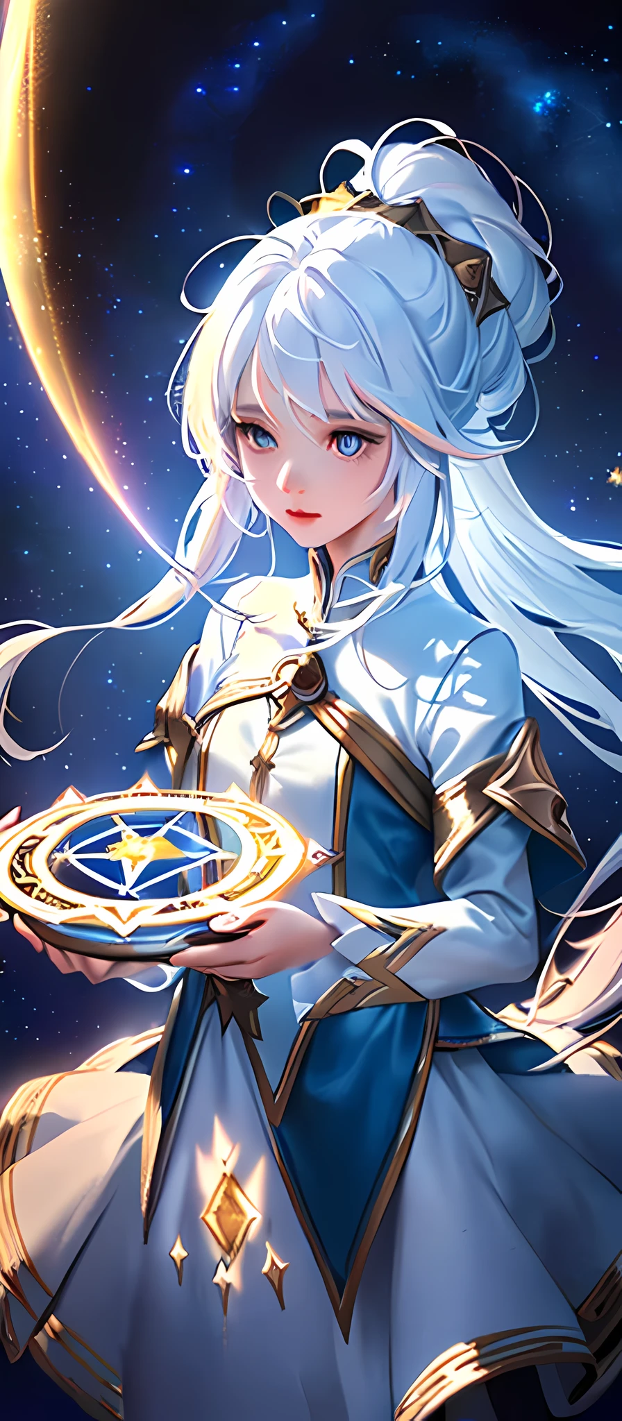 (Highest picture quality), Perfect face,(Master's work), (Ultra-detailed), 1girll,Solo ,mages,the wall,A magic book with light,((magical little girl)),((Magical Circle:1.2)),(White hair, Striped hair, Colored inner hair, Long hair,High ponytail), (ether colorful ink flowing:1.3), From below,(( Gorgeous starry sky background)),