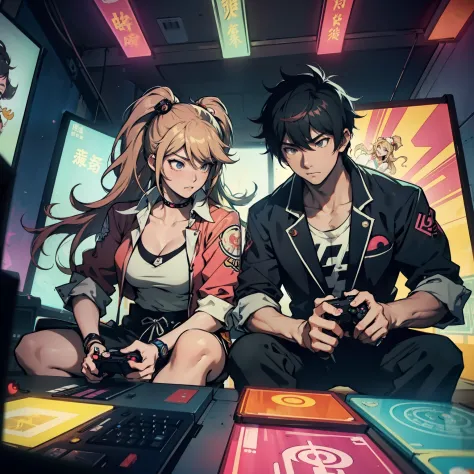 Junko and zhongli playing video games together in a room full of 80s style anime and posters in neon tones with video game contr...