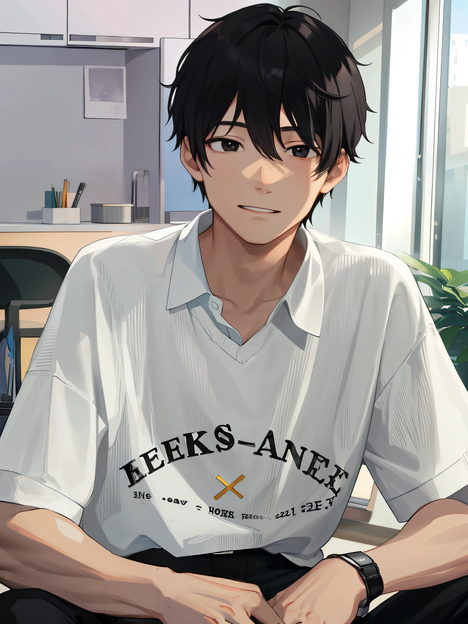 Anime guy sitting in an office with a watch on his wrist - SeaArt AI