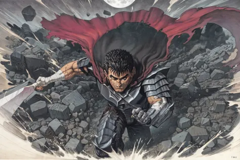 masterpiece, best quality, highly detailed, guts \(berserk\),  dynamic angle, from above, running fighting stance, attack battle form, floating debris dust stones winds,armor,  one eye closed, scar, bandages, black hair, cape, male focus, manly, holding sw...