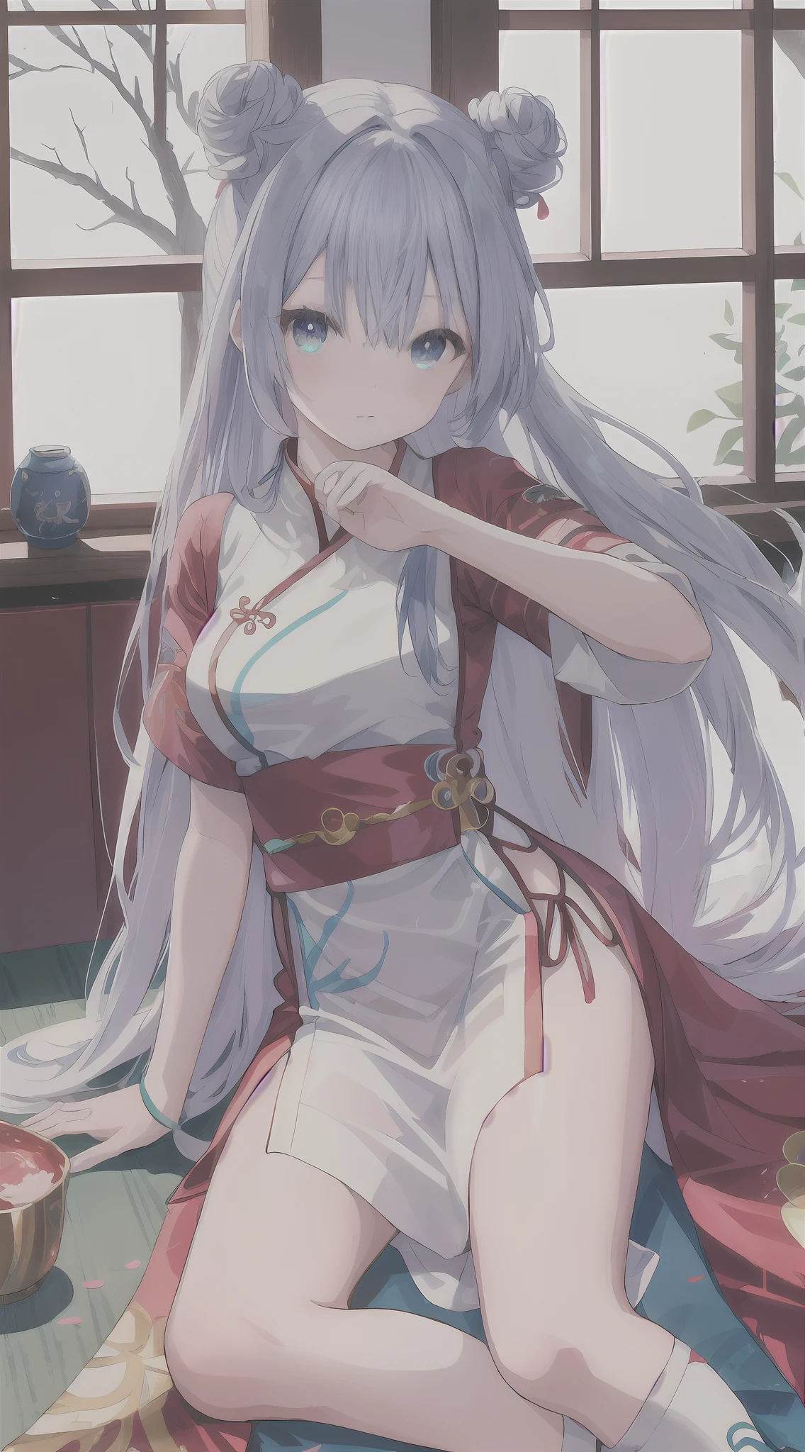 (a charming、A cute anime goddess created by Shi Tao，Wearing a white cheongsam，Has long blue hair and blue eyes，Strike a charming pose on the windowsill)