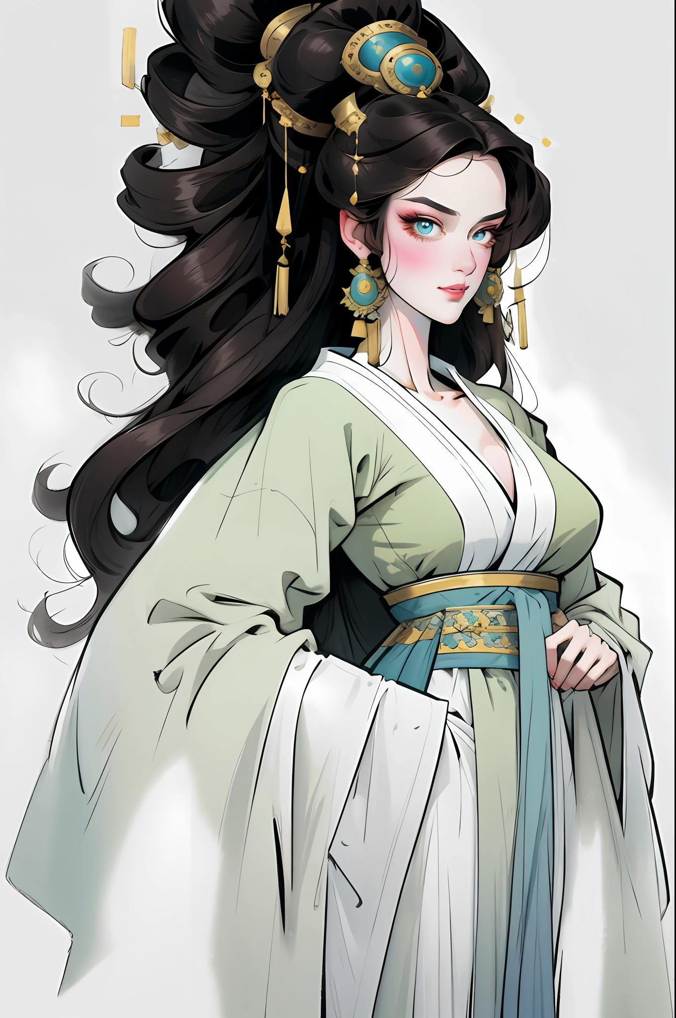 （Beautiful girl in solid color clothes），Full body standing painting，Wide sleeves，Big bright eyes，Beautiful face and smooth fair skin，s delicate face，brunette color hair，An ancient Chinese beauty，wearing ancient Chinese costume，gossamer，Vivid and bright colors，digital illustrations，（clean backdrop），Ink painting style，Clean colors，A white space，tmasterpiece，Ultra-delicate，Epic composition，HighestQuali，4K