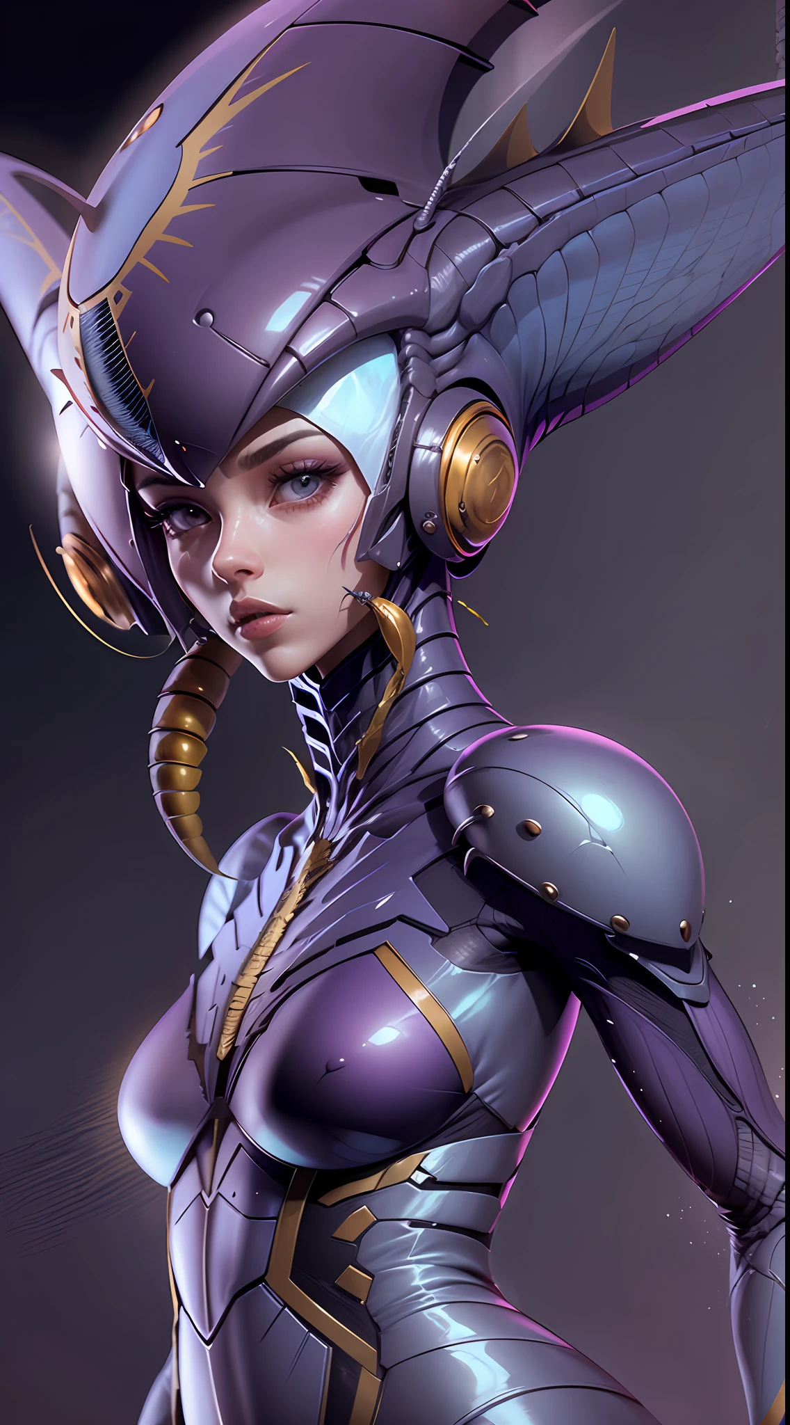Cartoon photo of a woman in a purple costume、Hot insect humanoid female、a person々takeout、Guyver Style、SFW version、Scarabeleploid、tail、Cel Shade Adult Animation、Alien Queen、