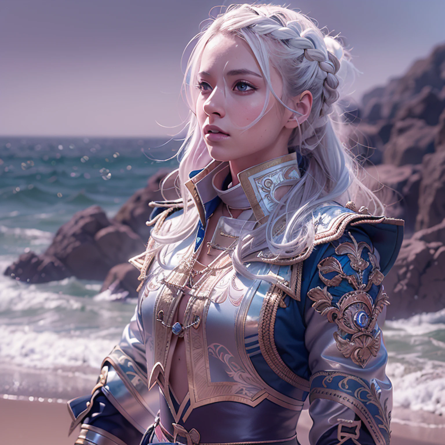 cavalier, Mighty, Silver hair, Reflectors, entire body image, hasselblatt, shadowing, in a panoramic view, A high resolution, hyper HD, move chart, Atmospheric perspective, Cinematic lighting, Masterpiece, ccurate, Textured skin, Textured skin，French braids，hime cut   ，One word left in the sea