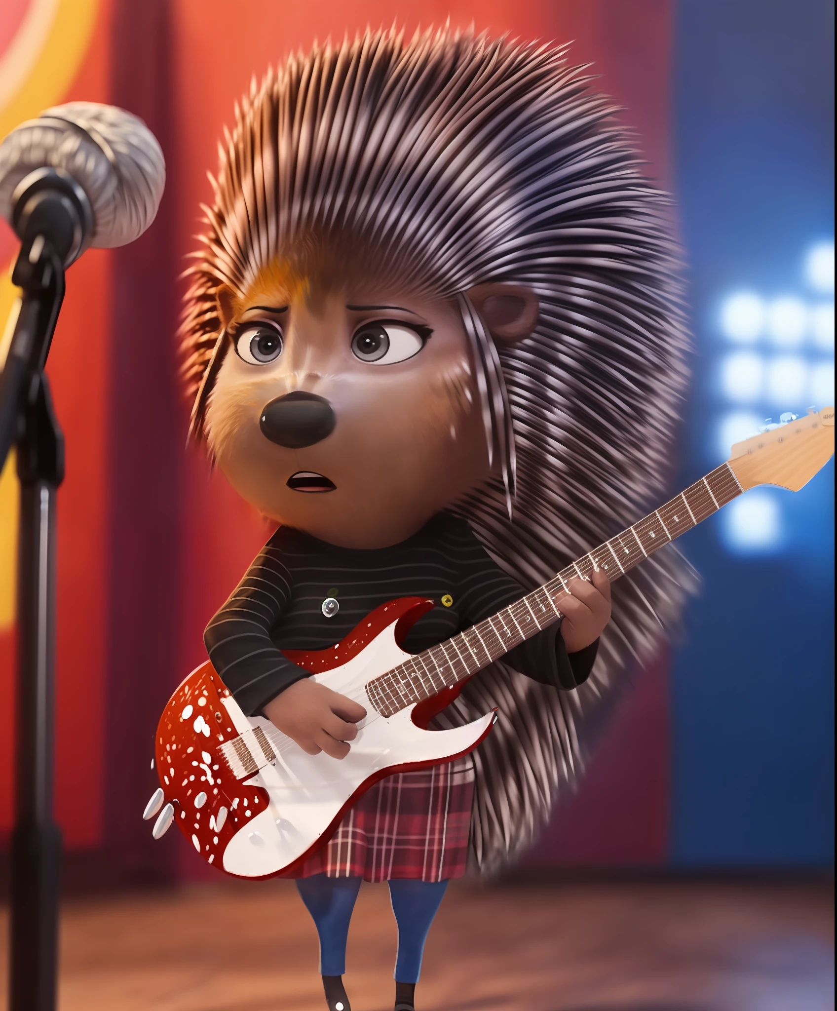 A Close Up Of A Cartoon Character With A Guitar And A Microphone 