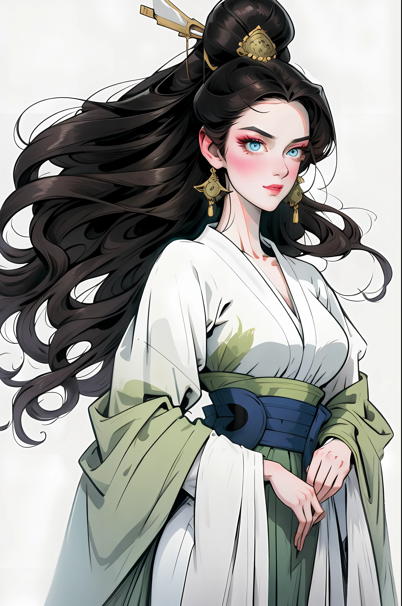 （Beautiful girl in solid color clothes），Full body standing painting，Wide sleeves，Big bright eyes，Beautiful face and smooth fair skin，s delicate face，brunette color hair，An ancient Chinese beauty，wearing ancient Chinese costume，gossamer，Vivid and bright colors，digital illustrations，（clean backdrop），Ink painting style，Clean colors，A white space，tmasterpiece，Ultra-delicate，Epic composition，HighestQuali，4K