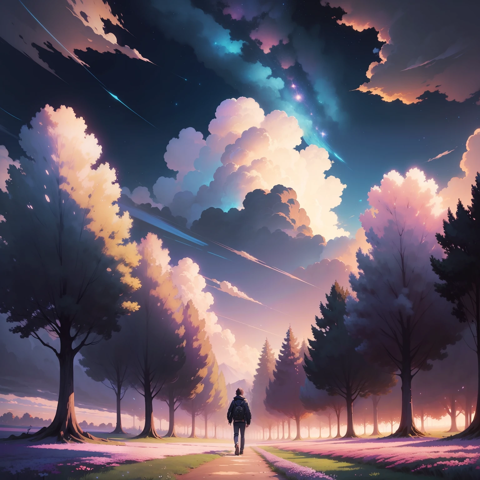 Anime kirito caminando por un sendero en un campo de flores, Makoto Shinkai Cyril Rolando, fondo de pantalla de arte anime 4k, fondo de pantalla de arte anime 4k, arte de fondo animado, anime hermosa escena de paz, hermosas ilustraciones de anime, hermosa escena de anime, Fondo de pantalla animado 4K, hermoso arte uhd 4k, fondo de pantalla de arte anime 8 K, cielos cósmicos. Puerto Makoto Shinkai