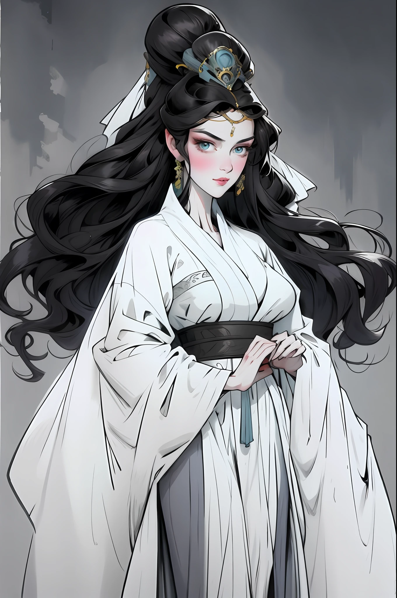 （Beautiful girl in solid color clothes），Full body standing painting，Wide sleeves，Big bright eyes，Beautiful face and smooth fair skin，s delicate face，brunette color hair，An ancient Chinese beauty，wearing ancient Chinese costume，gossamer，Veil，Gorgeous headdress，Vivid and bright colors，digital illustrations，（clean backdrop），Ink painting style，Clean colors，A white space，tmasterpiece，Ultra-delicate，Epic composition，HighestQuali，4K