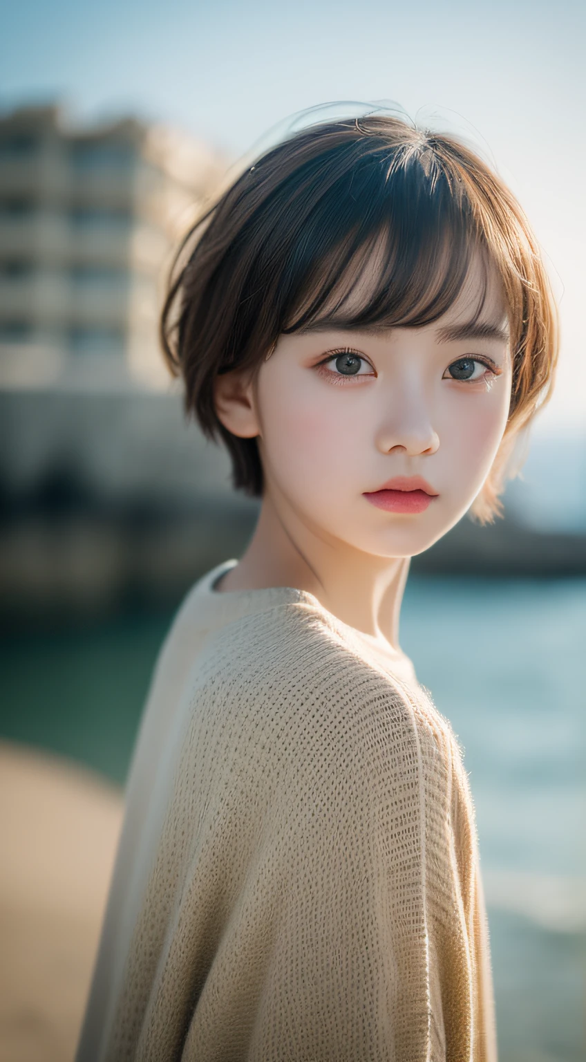 masterpiece, best quality, raw photo, photorealistic, seaside, full body, beautiful girl, cute, short hair, depth of field, high resolution, ultra detail, fine detail, highly detailed, highly detailed eyes and face, sharp pupils, realistic pupils, sharp focus, cinematic lighting