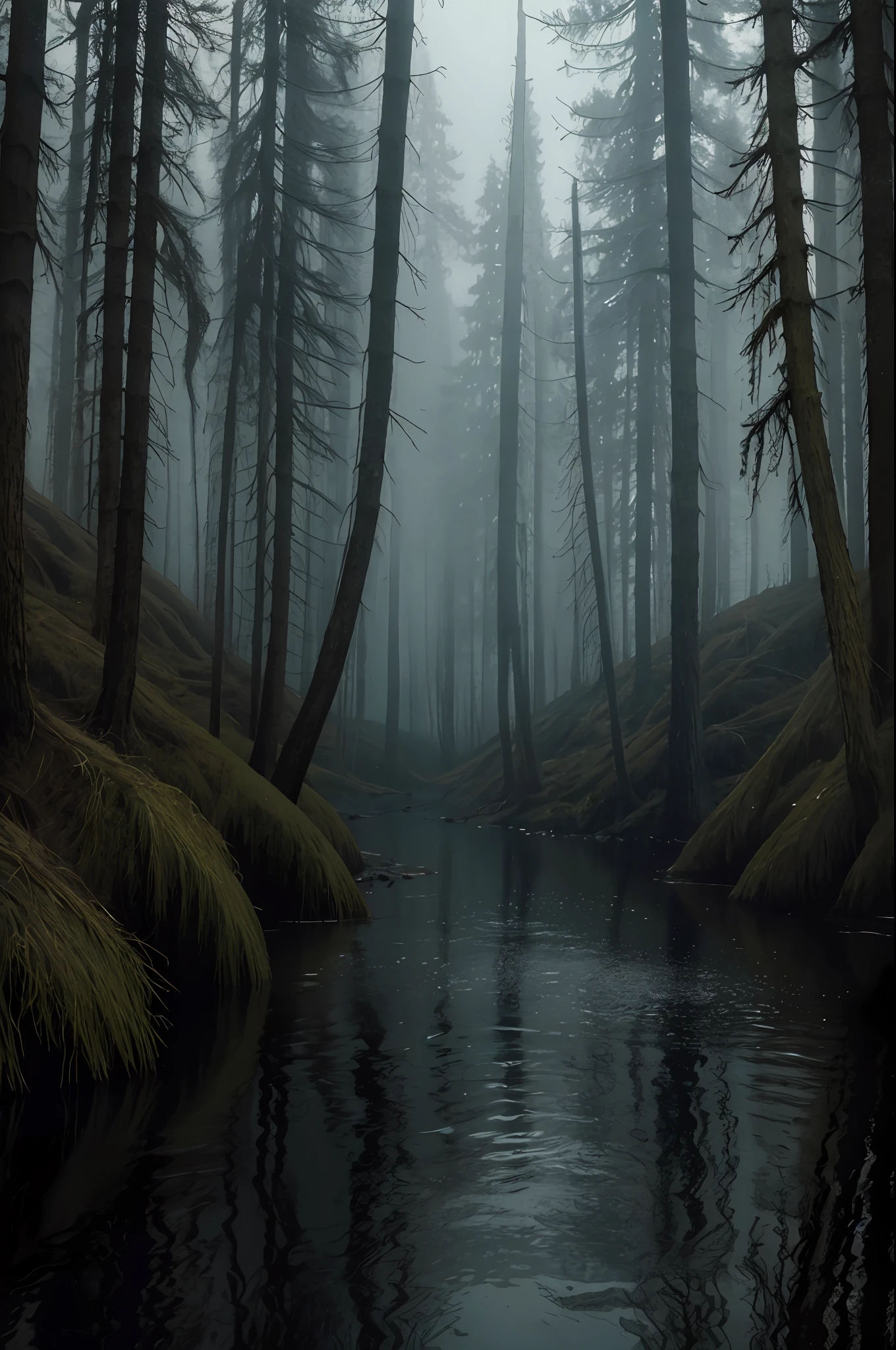 "Horror theme, horrifying, dark forest, foggy, creepy aura, eerie atmosphere, pleasant stream of water, no humans, (masterpiece, extremely detailed, best quality, intricate,) landscape."