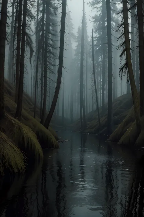 "Horror theme, horrifying, dark forest, foggy, creepy aura, eerie atmosphere, pleasant stream of water, no humans, (masterpiece,...