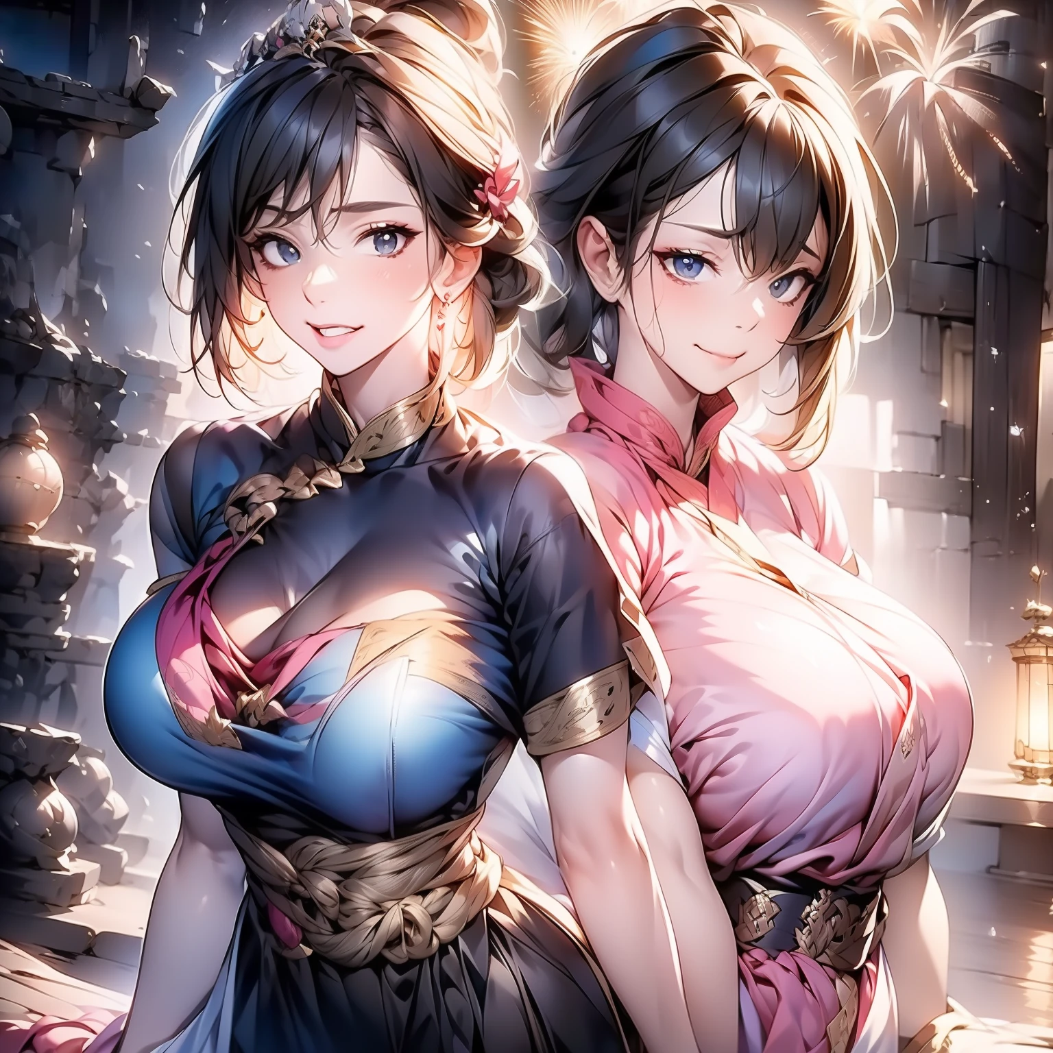 Blue short sleeves，Black tunic，，long  skirt，exquisitedetails，Perfect details，sideface，Pink shirt，short detailed hair，largeeyes，Black eyes，Sparkle，edge lit，long eyelasher，Based on physical rendering，adolable，Lateral face，with a round face，8K,8K high quality detailed art, Beautiful 2D portrait,firework background，Extremely quality，tmasterpiece，Need，Overlooking the eve of Chang'an, Gorgeous tiara