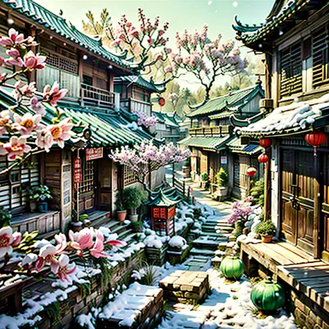 jiangnan town, ancient architecture, snow scene, magnolia, sunny, beautiful scenery, courtyard, depth of field, vista, high defi...