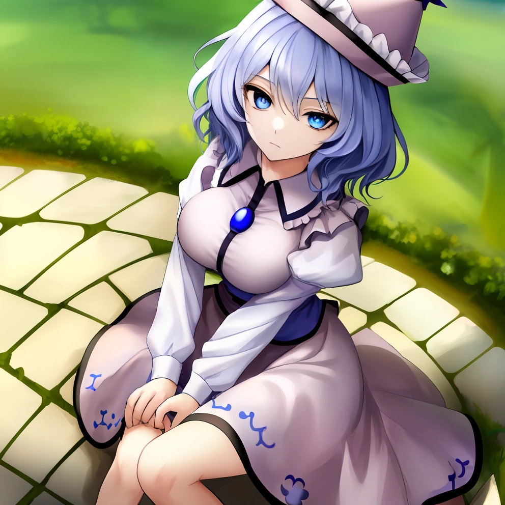 (masterpiece), best quality, perfect face, expressive eyes, merlin prismriver,1girl,hat,blue eyes,blue hair, short hair, long sleeves, skirt,w sitting, legs on the ground, sitting on ground, w sitting on ground, arms between legs, both arms between legs, big breast,good breast