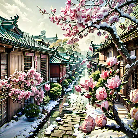jiangnan town, ancient architecture, snow scene, magnolia, sunny, beautiful scenery, courtyard, depth of field, vista, high defi...