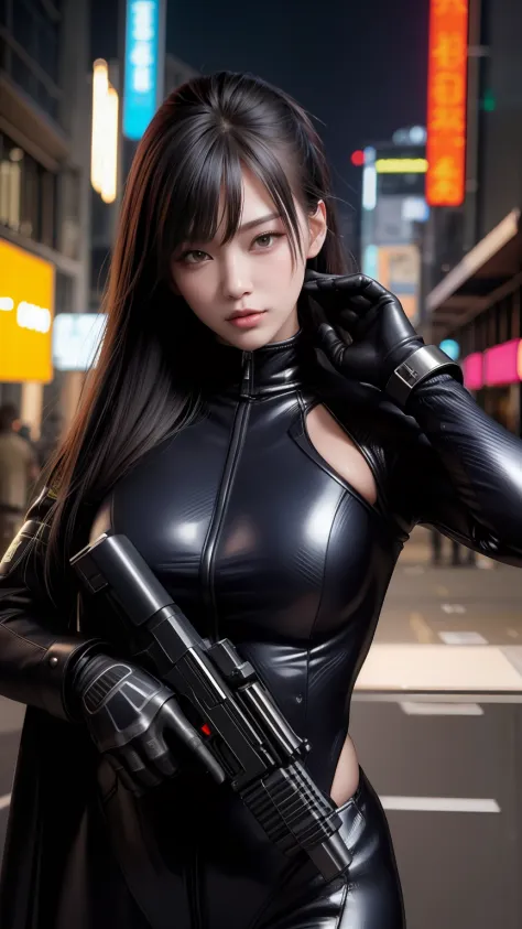 Highest image quality，Outstanding details，超高分辨率，one-girl，Female Counter-Strike，Mecha pie，Robust body，Sexy and robust，Detailed abs，Detailed muscle lines，dynamicposes，the night，Future city street view background，neonlight，sense of science and technology，futu...